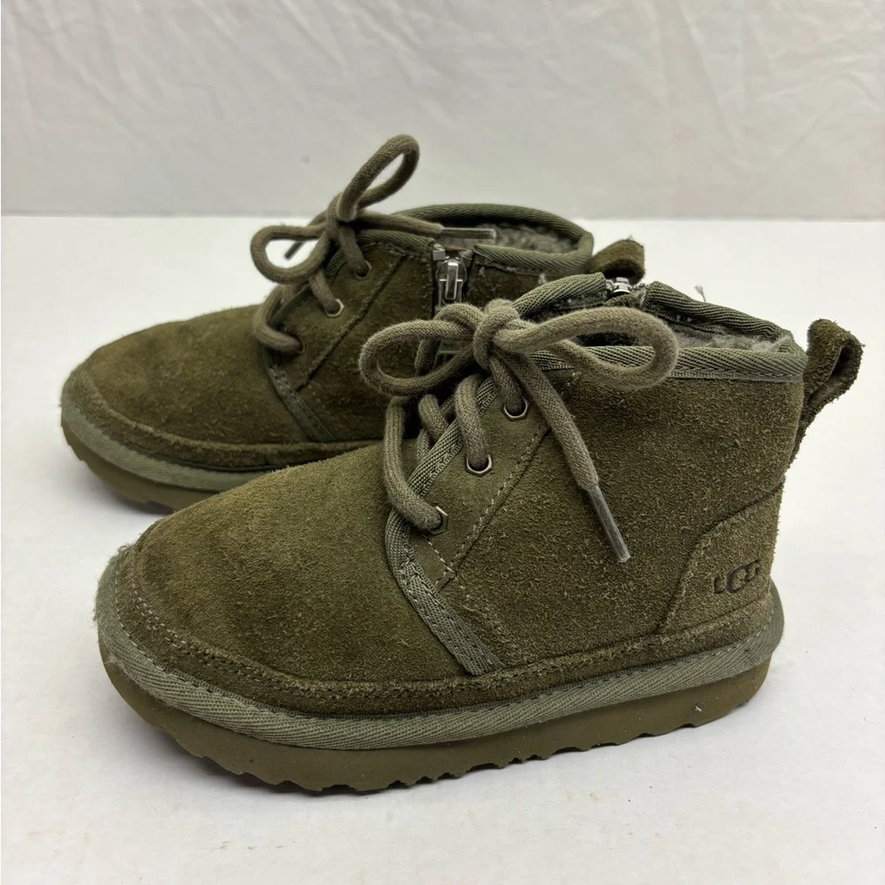 Ugg Kids Olive Suede Lace-Up Boot with Faux Fur size 10 for toddler